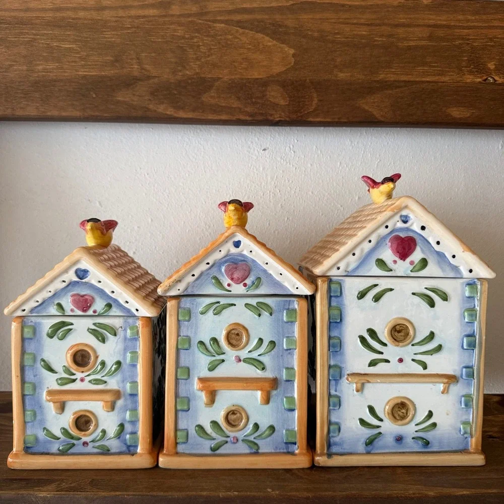 3pc Alco Industries Ceramic Birdhouse Canister Set Floral Butterfly Bird House